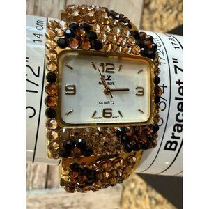 LZ Watch Animal Print Rhinestones Hinge Cuff Vintage